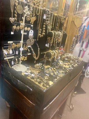 Trending!  Goldtone jewelry new & vintage, cheekily displayed in a pirate chest, treasures to discover everywhere