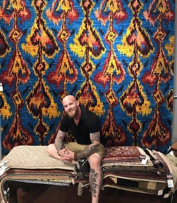 Kevin Ward showing off this stunning Ikat Sari Silk Rug. It's truly one-of-a kind!