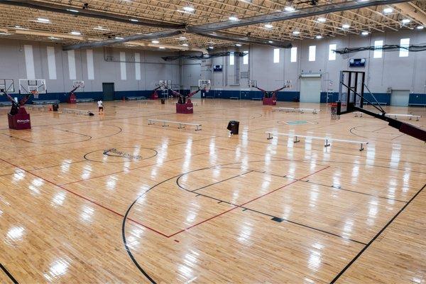 The main gym. It has hardwood courts for basketball from April-October and turf fields for from November - March.