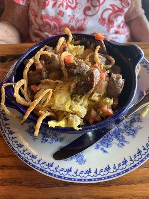 Scrambled eggs, onion straws, steak and more.