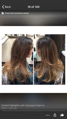 Ombré highlights, balayage, dark highlights, long layers haircut.