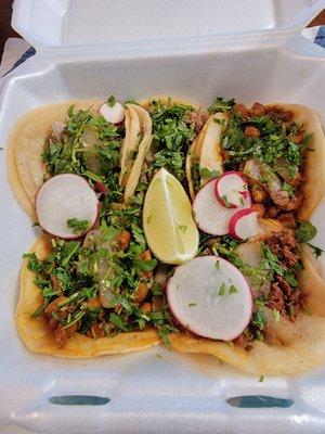 Tacos: chorizo,  carnitas,  and pastor