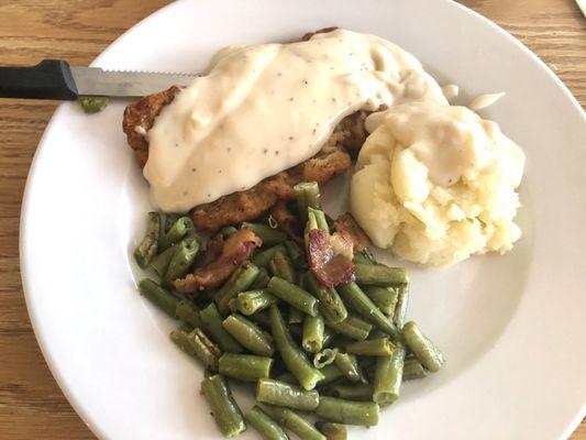 Chicken fried steak, mashed potatoes, green beans w/ bacon