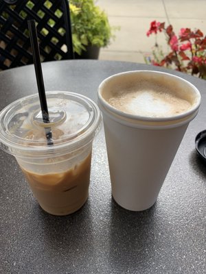 Left: medium iced cinnamon honey latte. Right: medium hot apple crisp latte.