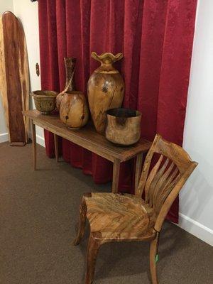 Large vessels turned by master wood turner Doug Liete. Mango entry table and mango healing chair.