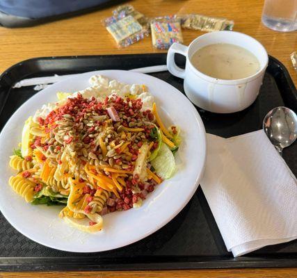 Salad and clam chowder soup.