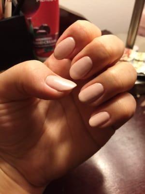 Gel (no-chip) nude nails with a pointed tip. I'm obsessed with this color!