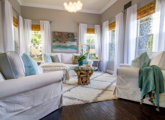 Case Residence - Coastal themed living room remodel. https://www.wendythomas.com