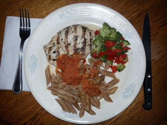 Grilled Chicken Breast with Marinara Sauce, Broccoli with Red Peppers and Whole Wheat Penne