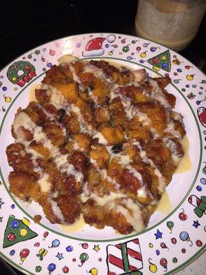 Housewarming pumpkin fritter bread pudding.