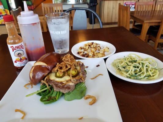 Joe Zone Layer burger with zucchini coleslaw and garlic potatoes...yum!