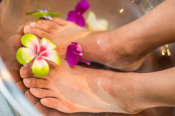 Herbal foot soak on the deck in the trees starts every treatment. Breathe in...and out.