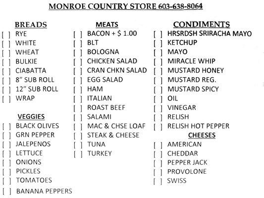 Sandwich/Sub Order Form (2020 - Subject To Change)