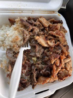 Beef and chicken with white rice...wife ordered no vegetables, but I usually get it.