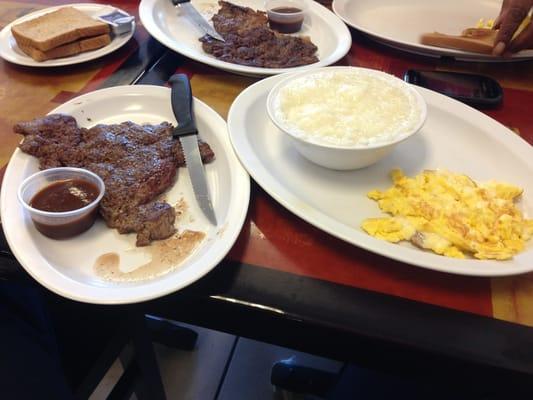 Steak, eggs and cheese grits