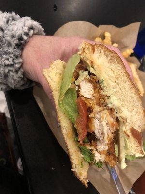 Inside of Karin's killer chicken sandwich for Chicken Sandwich Week.