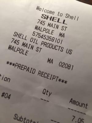 Walpole Shell -- 745 Main Street / Route 1A, Walpole                    Receipt