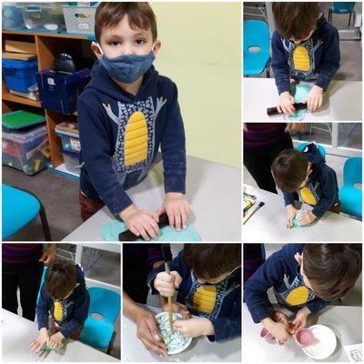 Science Experiment- making playdough - What will happen if you mix flour, oil, and water? Learning about properties of materials.