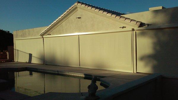 Patio Shades with 10% Fabric installed over two patios and Butted Glass. Call today 480-894-0028