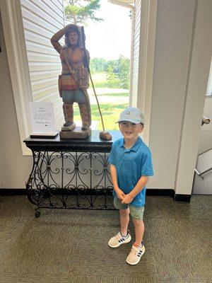 Robson in his Quail Hollow cap likes the Warriors wooden golf club