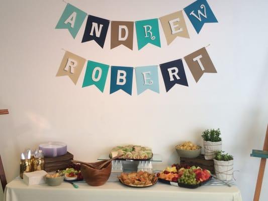 Baby sprinkle with great spread and handmade bunting flags