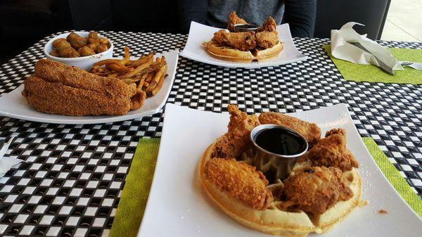 Chicken and waffles and 2 piece fried fish