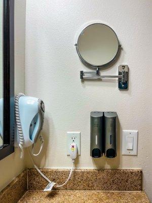 Mirror, soaps in amazing pumps and built in hairdryer