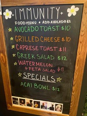 Food menu at Immunity juice bar hollywood