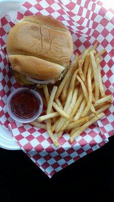 $9, All American burger, includes order of small fries