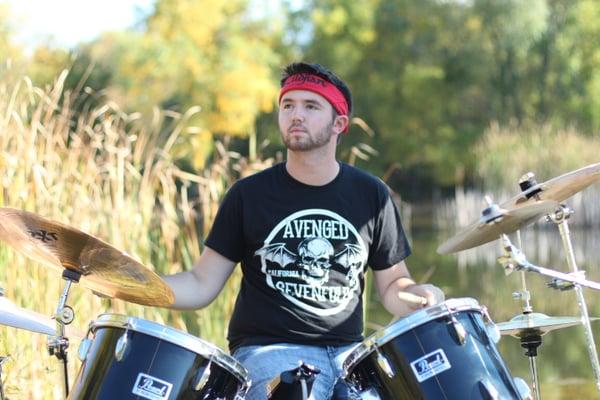 Max on the drumkit...in a field!