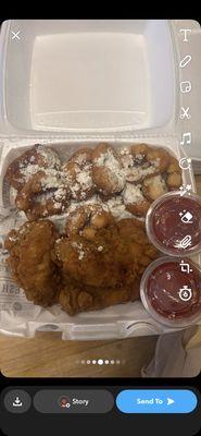 Chicken, tender plate  with powdered sugar donuts