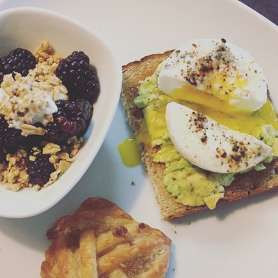 avocado egg toast, fruit with granola and apple pastry