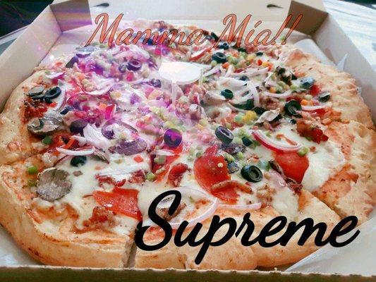 Supreme!! Comes with : Tomato Sauce, pepperoni, red and green peppers, olives, onions, sausage and mushrooms.