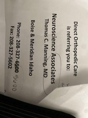 Referral form I was given by the doctor at checkout, advised they would call us within a week to schedule an appointment.