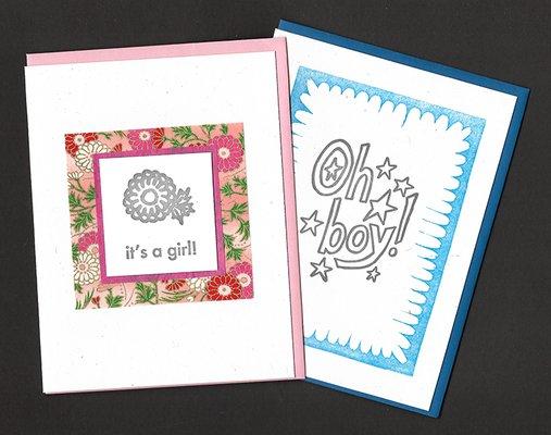 Two letterpress baby cards in our wholesale line.