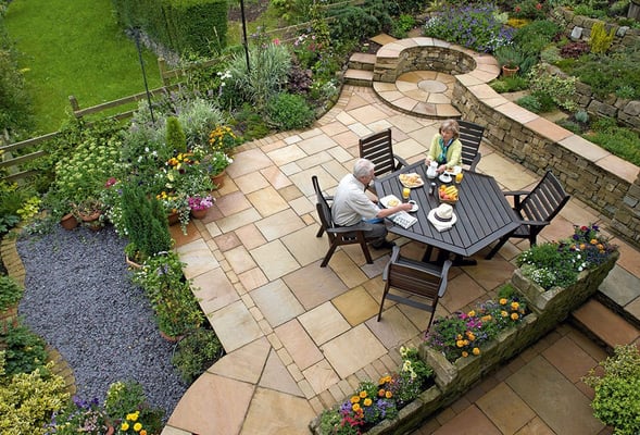 Autumn Harvest Sandstone Paver Patio. Unilock New Natural Stone with Lifetime Warranty.