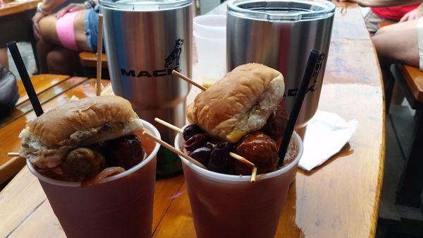 Bloody Marys - loaded down with meatballs, olives, cheese & pepperoni and topped off with a White Castle burger. Yum!