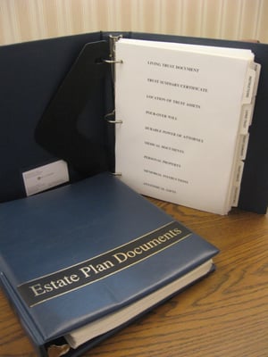 Estate plan documents and organizational material organized for you in a three ring binder, with easy to find index tabs...