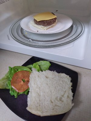 Dry ass "cheese" burger, I had to add the cheese and condiments.