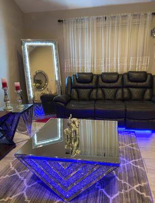 - Floor Mirror w LED LIghts
- Power Reclining Sofa with LED Lights & Bluetooth Speaker
- Coffee Table
- End Table