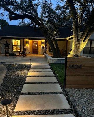 New walkway and patio with LED landscape lights