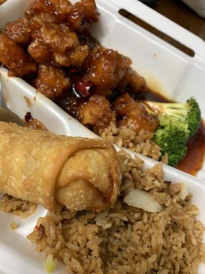 C3: General Tso's chicken, egg roll pork fried rice