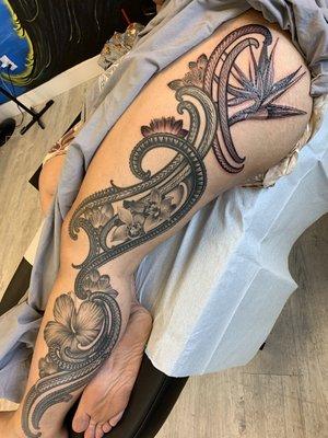 Polynesian flowers and freehand contemporary polynesian.