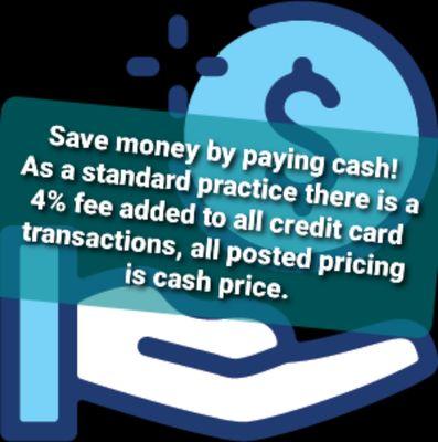 Credit card fee announcement. Pay cash and save.