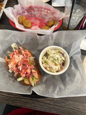 Lobster roll, coke slaw, fried pickles.