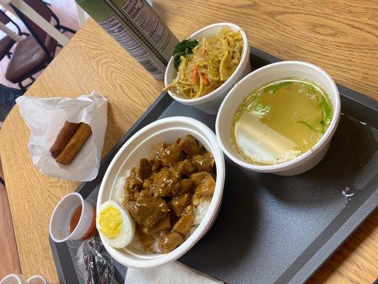 Chicken adobo, pancit, & lumpia