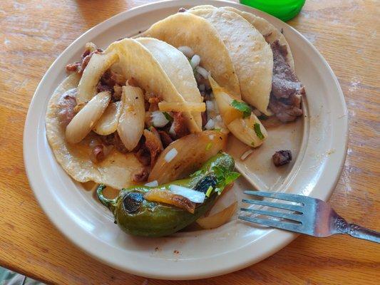 Tacos, tripe, steak, and lengua.