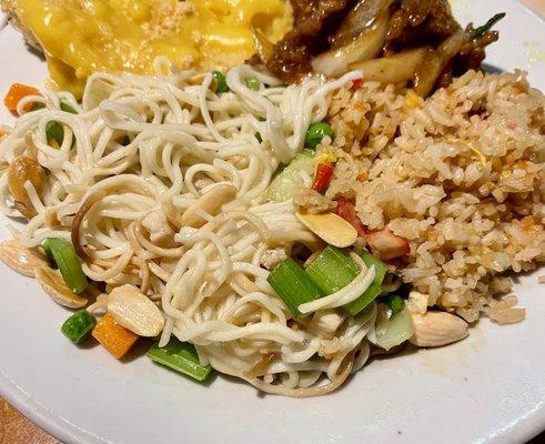 Subgum chicken chow mein, fried rice, almond fried chicken and Mongolian beef