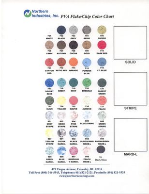 NI-Dura Vinyl Chip Color Chart. Color Chips for Garage floors and Seamless floors in 40 different colors.