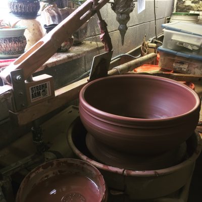 Big pot thrown on potters wheel using Strong Arm Centering Tool!